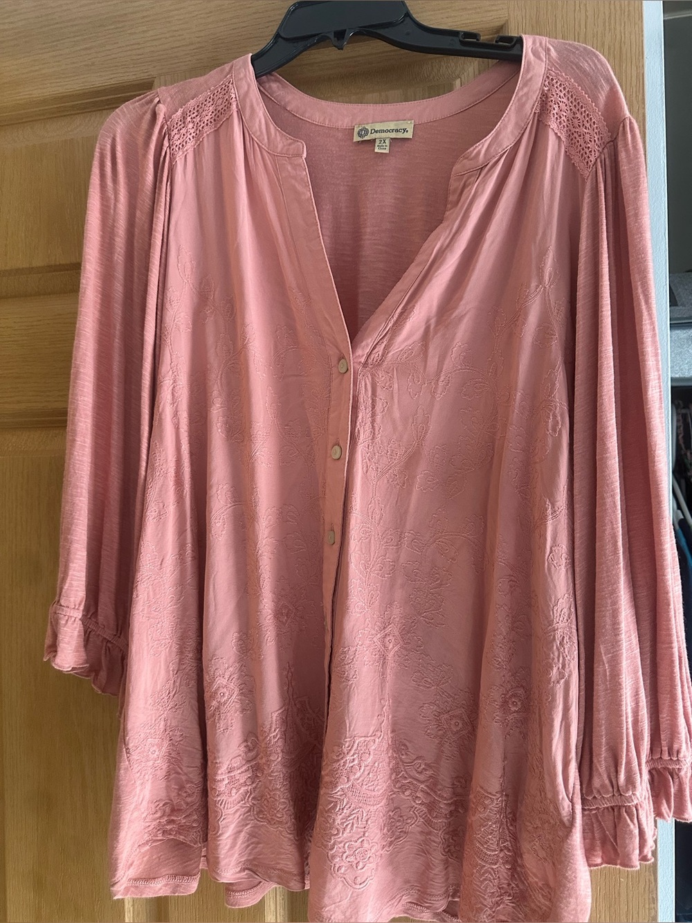 Democracy Rose-Pink Embroidered Button-Front Tunic